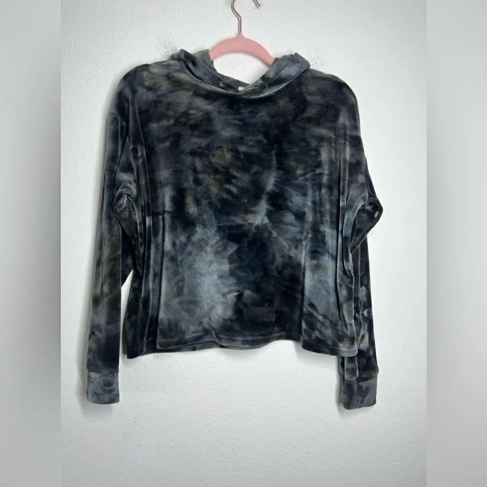 Poof Faux Velvet Crop Hoodie Black Brown Tie Dye Size M y2k Plush Soft Cozy